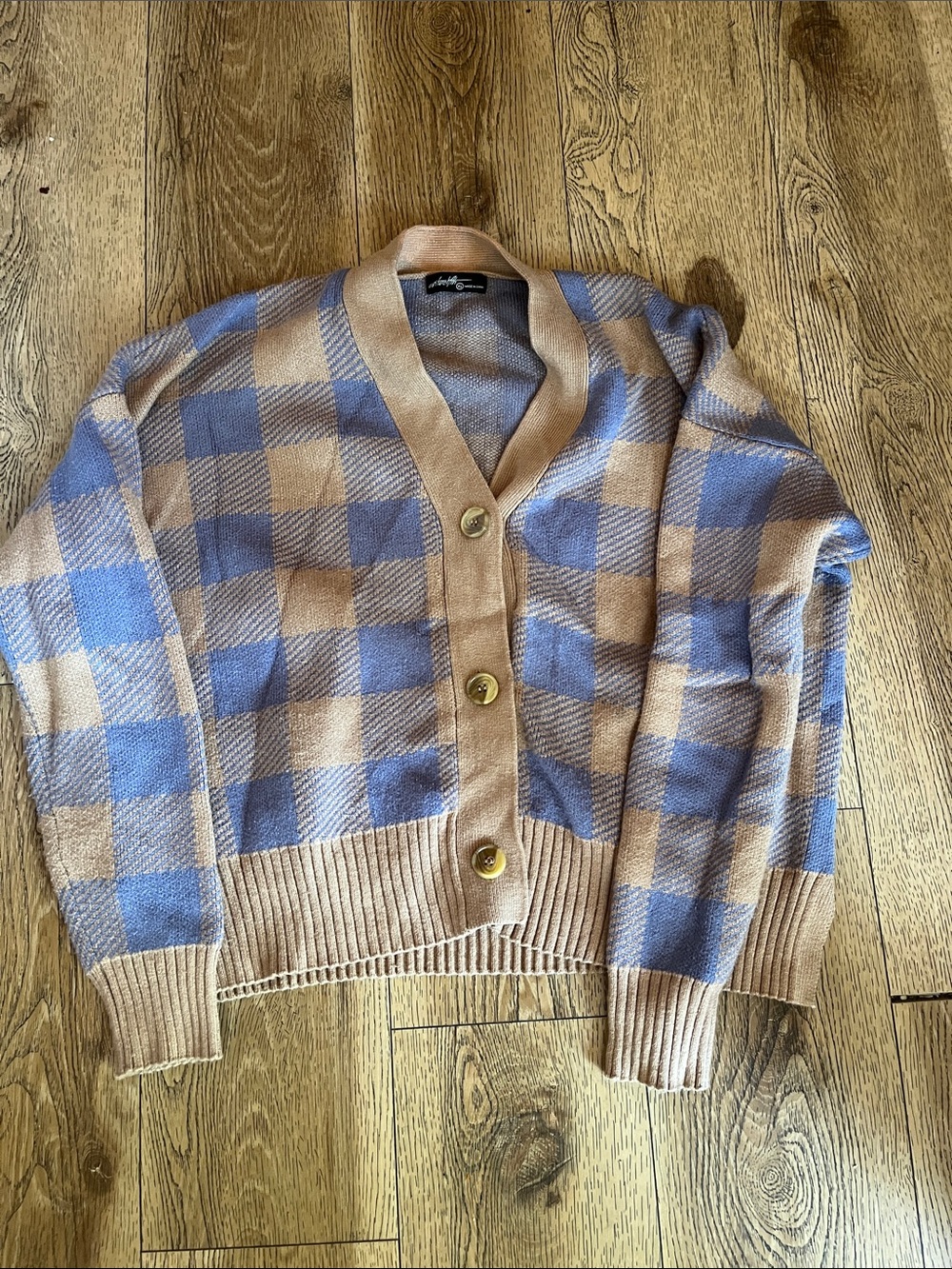 Checked Button-Front Cardigan Sweater in Beige and Light Blue